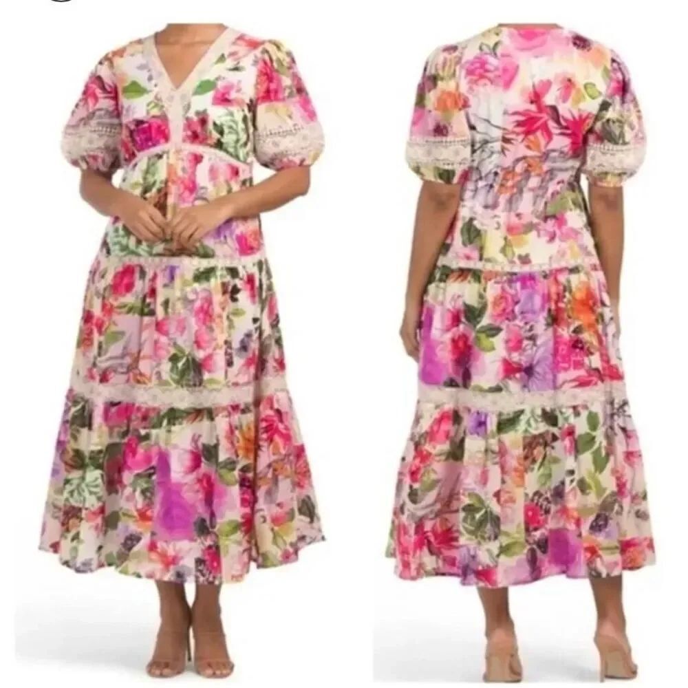 Joie Voile floral puff sleeve tiered lace cotton dress XS